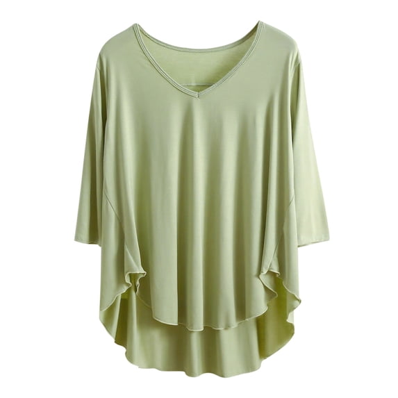 GigrtiJin Women's Loose Pajama Tops Solid Color V Neck 3/4 Sleeve Long Hem Sleeping Shirt Trendy Casual Nightwear