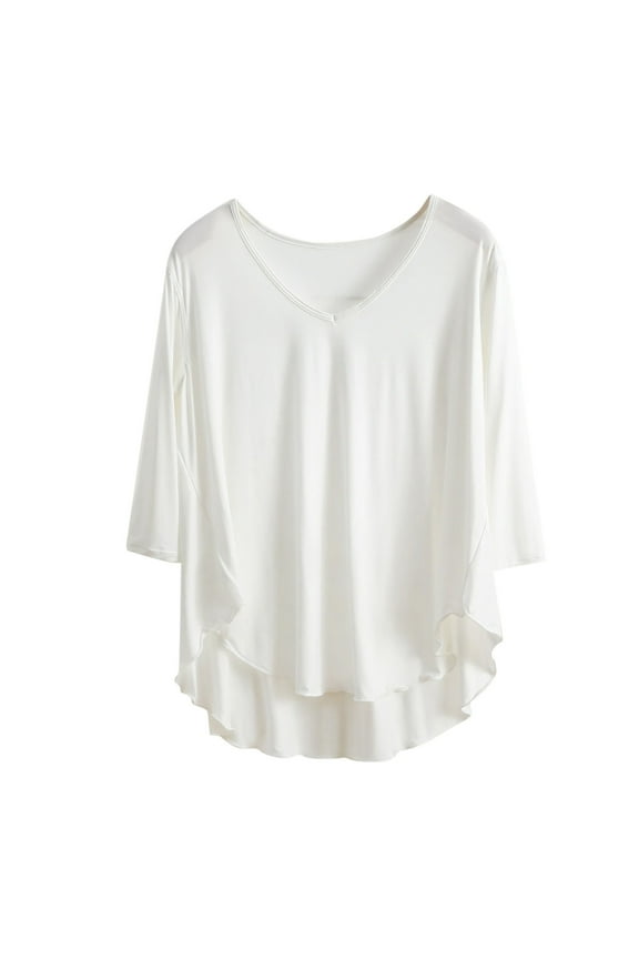 Women's Loose Pajama Tops Solid Color V Neck 3/4 Sleeve Long Hem Sleeping Shirt Trendy Casual Nightwear