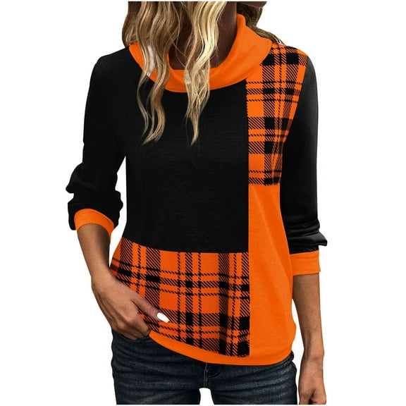 GigrtiJin Women's New Checkered Shirt Casual Long Sleeved Turtleneck Pullover Tunic Top Fashion Comfy Dress Blouse
