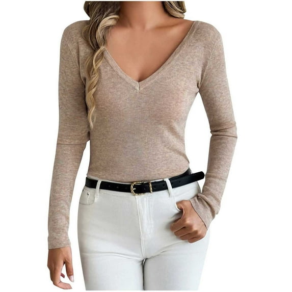 GigrtiJin Women's New V-Neck Sweater Long Sleeved Knitted Pullover Tops Casual Solid Color Basic Comfy Sweaters
