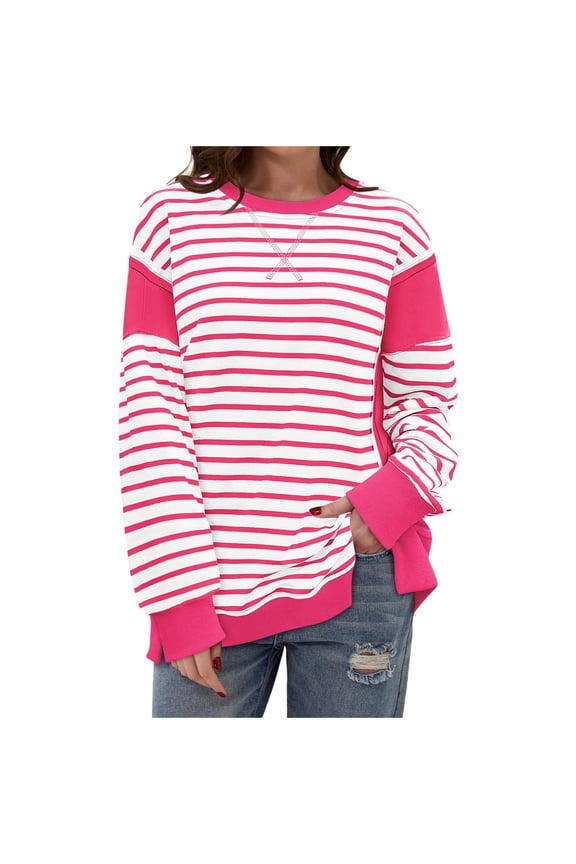 Women's Oversized Colorblock Sweatshirt Long Sleeve Striped Round Neck Blouses Casual Loose Side Slit Tops