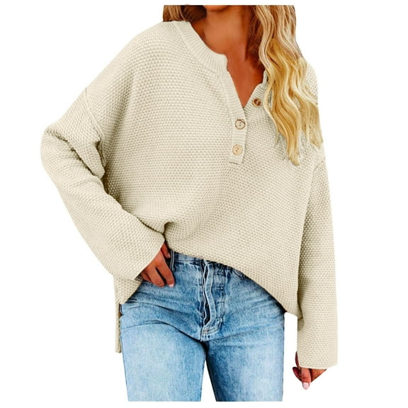 GigrtiJin Women's Oversized Sweaters Long Sleeve Loose V Neck Button Pullover Tops Solid Color Knit Casual Blouse