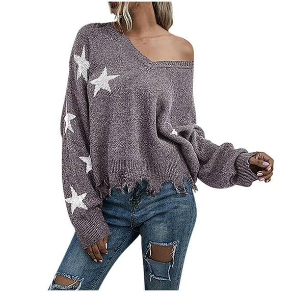 GigrtiJin Women's Oversized off Shoulder Sweaters Long Sleeve V Neck Pullover Knit Tops Casual Loose Star Blouses