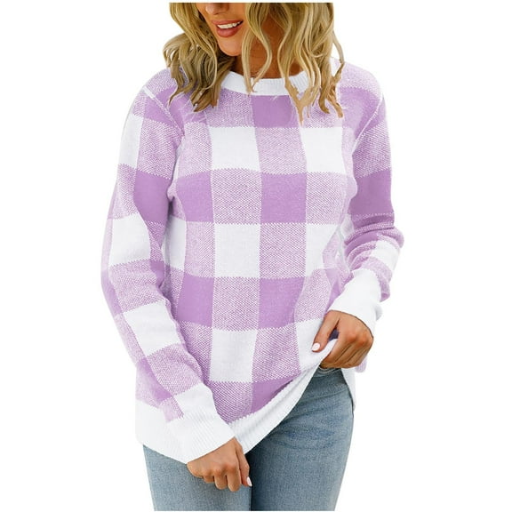 GigrtiJin Women's Plaid Knitted Sweater Round Neck Long Sleeved Casual Pullover Top Fashion Comfy Loose Sweaters