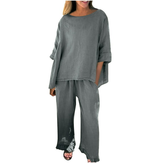 GigrtiJin Women's Plus Size 2 Piece Sets Crewneck Half Sleeve Tops High Waist Wide Leg Pants with Pockets Casual Outfit