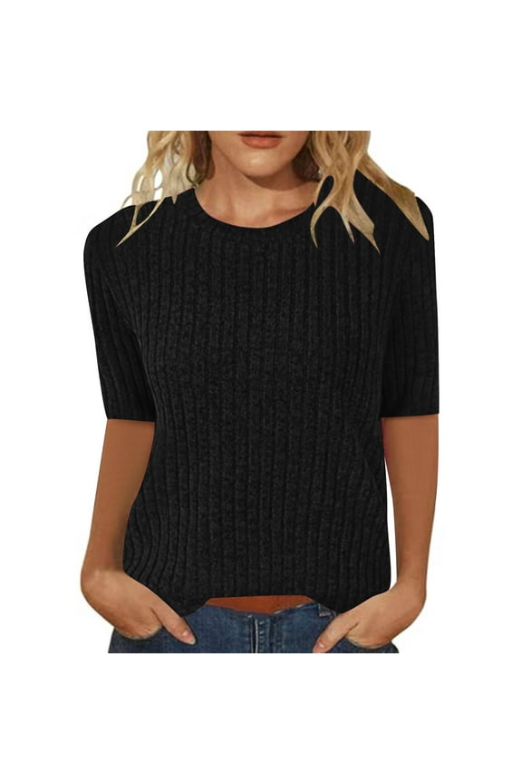 Women's Plus Size Half Sleeves Tops Solid Color Round Neck Casual Knit Blouses Fashion Comfy Pullover Shirts