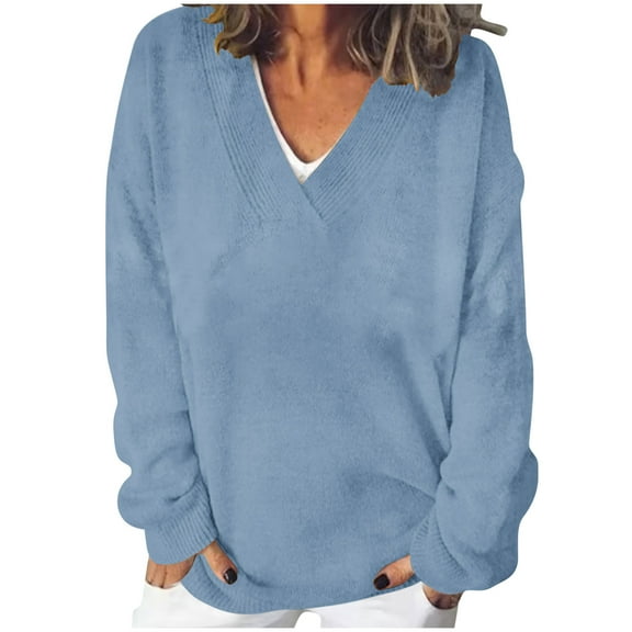 GigrtiJin Women's Plus Size Long Sleeve Tops V-Neck Solid Color Casual Loose Blouses Fashion Comfy Basic Shirt