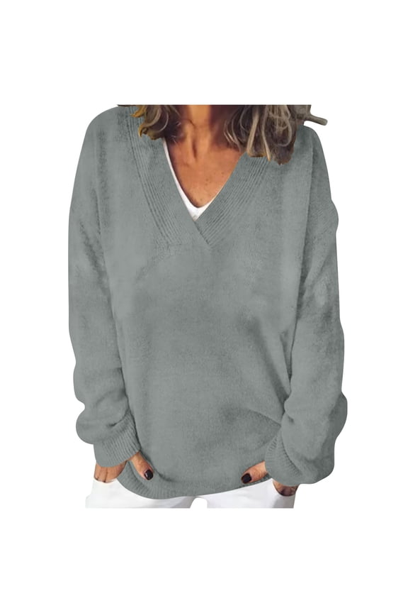 Women's Plus Size Long Sleeve Tops V-Neck Solid Color Casual Loose Blouses Fashion Comfy Basic Shirt