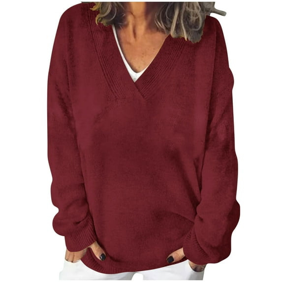 GigrtiJin Women's Plus Size Long Sleeve Tops V-Neck Solid Color Casual Loose Blouses Fashion Comfy Basic Shirt