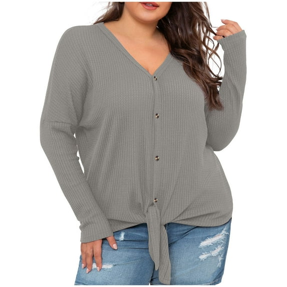 GigrtiJin Women's Plus Size Tops V Neck Tie Front Blouse Button up Long Sleeve Solid Color Knit Tunic T Shirts