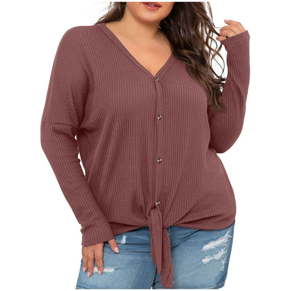 GigrtiJin Women's Plus Size Tops V Neck Tie Front Blouse Button up Long Sleeve Solid Color Knit Tunic T Shirts