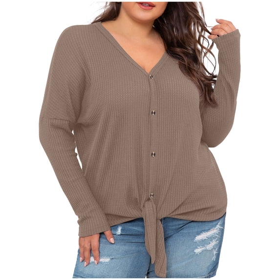 GigrtiJin Women's Plus Size Tops V Neck Tie Front Blouse Button up Long Sleeve Solid Color Knit Tunic T Shirts