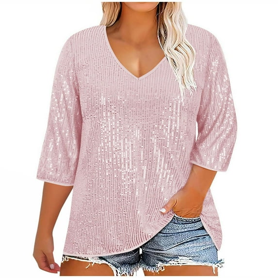 GigrtiJin Women's Plus-Size V-Neck Sequined Tops 3/4 Sleeve Casual Fashion Solid Color Blouse Loose Comfy Basic Shirts
