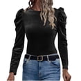 thumbnail image 1 of GigrtiJin Women's Puff Long Sleeve Shirts Round Neck Velvet Casual Pullover Top Solid Color Slim Fashion Blouse, 1 of 3