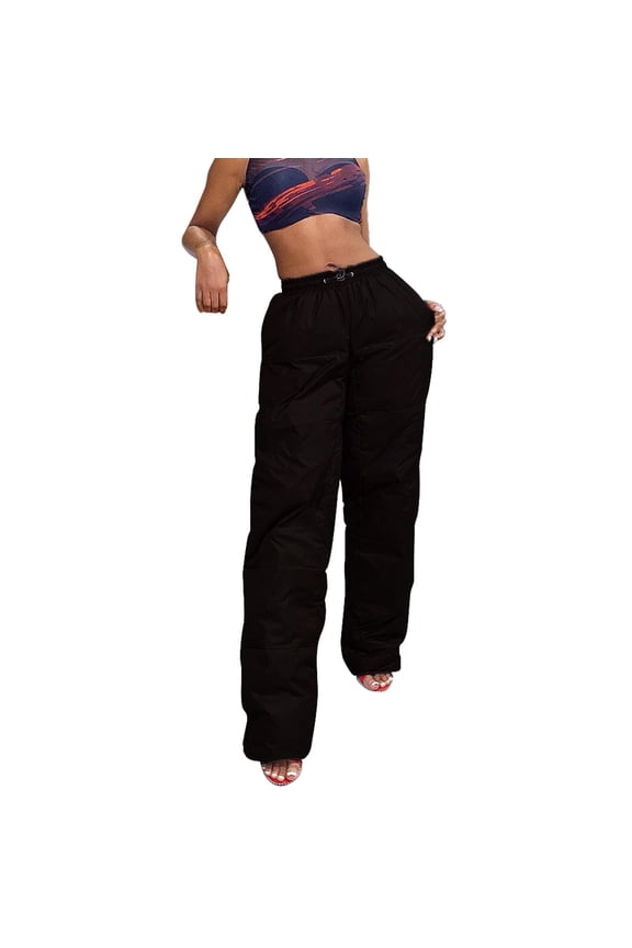 Women's Puffy down Pants Drawstring Elastic High Waist Winter Windproof Casual Solid Color Quilted Padded Pant