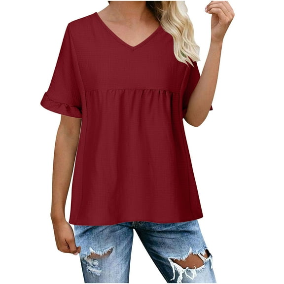 GigrtiJin Women's Ruffle Short Sleeve Shirts Casual V-Neck Pleated Loose Blouse Trendy Basic Solid Color Tunic Tops