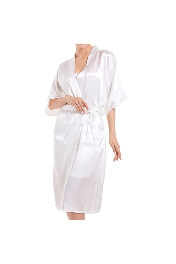 Women's Satin Robe Short Sleeves V Neck Pajamas with Pockets Casual Comfy Thin Solid Color Pajama