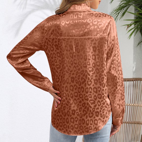 GigrtiJin Women's Satin Silk Shirts Button down Collared T-Shirts Fashion Leopard Print Blouses Long Sleeve Tee Tops