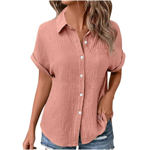 GigrtiJin Women's Short Sleeve Shirts Lapel Button down Casual Solid Color Tops Summer Loose Trendy Blouses