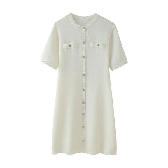 GigrtiJin Women's Short Sleeve Sweater Dress Button down Crewneck Elegant Knit Mini Dress Formal Short Dresses