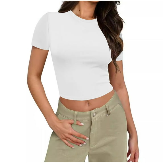 GigrtiJin Women's Short-Sleeved Shirts Casual Solid Color Crew-Neck Pullover Tops Fashion Comfy Slim Summer Blouse