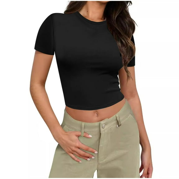 GigrtiJin Women's Short-Sleeved Shirts Casual Solid Color Crew-Neck Pullover Tops Fashion Comfy Slim Summer Blouse