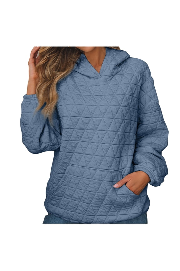 Women's Solid Color Hooded Sweatshirt Casual Quilted Long Sleeved Casual Loose Pullover Top with Pockets