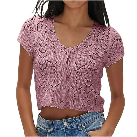 GigrtiJin Women's Spring Summer Shirts Short Sleeve Cropped Cardigan Sweaters Crochet Knit Open Front Button up Tops