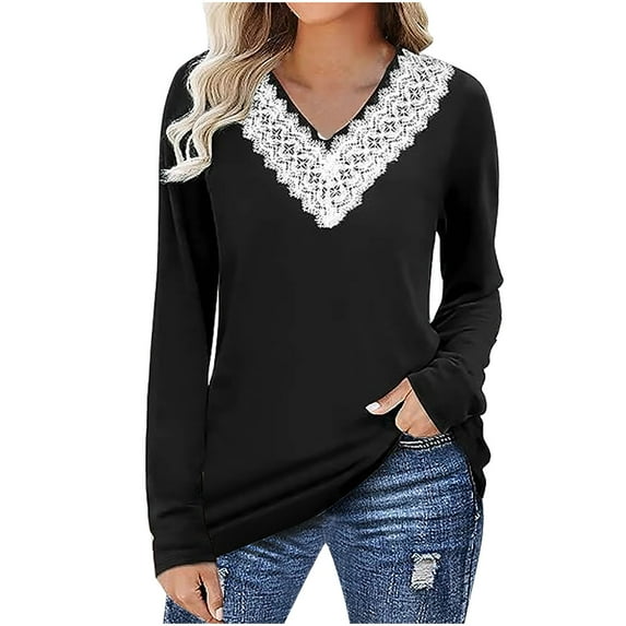 GigrtiJin Women's Spring V-Neck Shirts Solid Color Casual Long Sleeves Blouse Trendy Loose Going out Pullover Tops