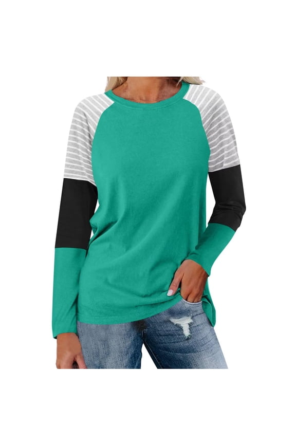 Women's Striped Color Block Tops Casual Long Sleeves Crew Neck Blouses Fall Fashion Loose Shirts