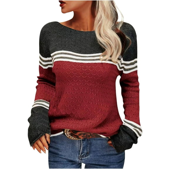 GigrtiJin Women's Striped Colorblock Sweater Long Sleeves Casual Round Neck Pullover Top Loose Comfy Warm Sweaters