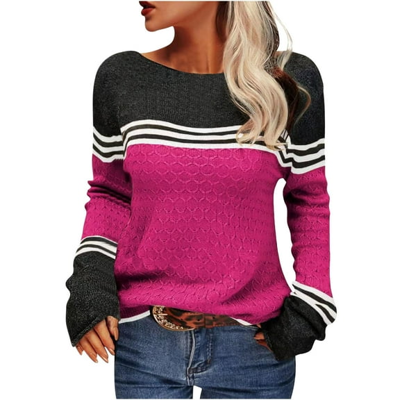 GigrtiJin Women's Striped Colorblock Sweater Long Sleeves Casual Round Neck Pullover Top Loose Comfy Warm Sweaters