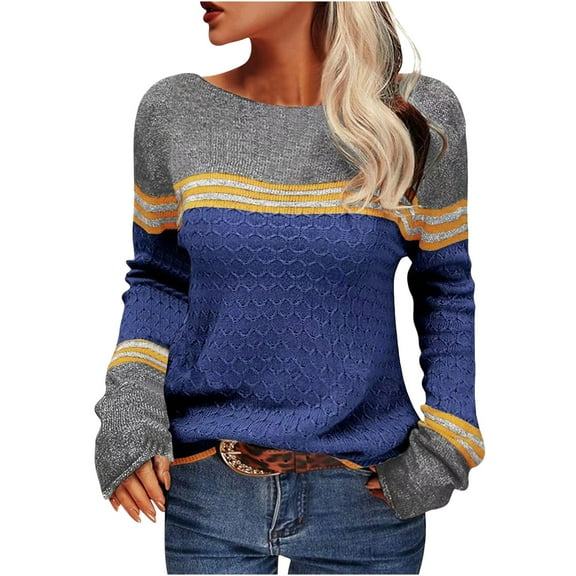 GigrtiJin Women's Striped Colorblock Sweater Long Sleeves Casual Round Neck Pullover Top Loose Comfy Warm Sweaters