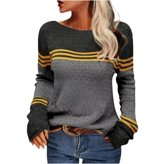 GigrtiJin Women's Striped Colorblock Sweater Long Sleeves Casual Round Neck Pullover Top Loose Comfy Warm Sweaters
