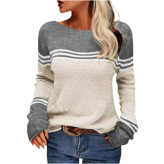 GigrtiJin Women's Striped Colorblock Sweater Long Sleeves Casual Round Neck Pullover Top Loose Comfy Warm Sweaters