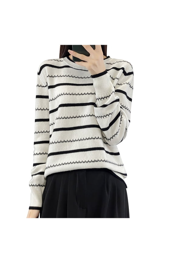 Women's Striped Knitted Sweater Long Sleeved Casual Round Neck Pullover Top Fashion Comfy Sweaters Blouse