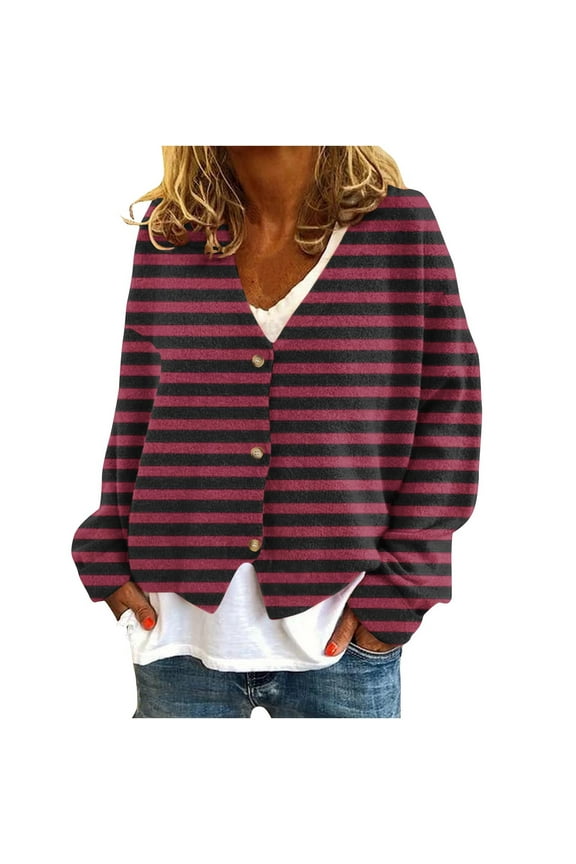 Women's Stripes Cardigan Coat V Neck Long Sleeved Casual Button down Jacket Fashion Colorblock Loose Coats