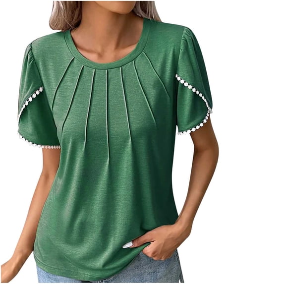 GigrtiJin Women's Summer Pleated Front T-Shirt Short Sleeve Round Neck Plus Size Loose Casual Solid Flowy Tops Blouse