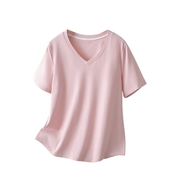GigrtiJin Women's Summer Plus Size Tops Solid Color Short Sleeve V Neck Cotton Tees Comfy Tunic Shirt