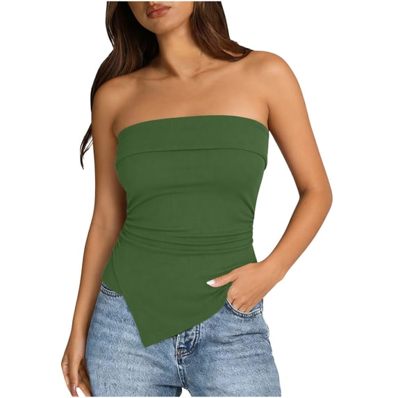 GigrtiJin Women's Summer Trendy Tops Solid Color Asymmetrical Hem Strapless Top Beach Vacation Slimming Sleeveless Tops