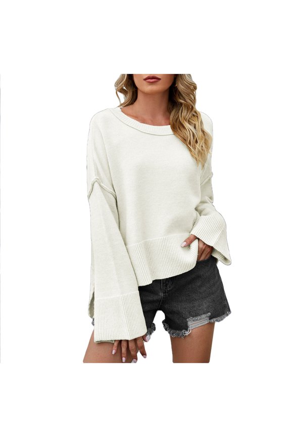 Women's Sweater Fall Winter Lantern Long Sleeve Casual Tops Knit Round Neck Loose Pullover Sweaters