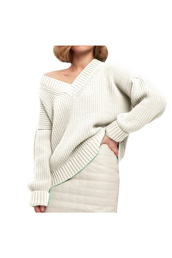 Women's Sweaters Winter Long Sleeve V-Neck Solid Color Sweater Vintage Thickening Pullover Sweater Tops