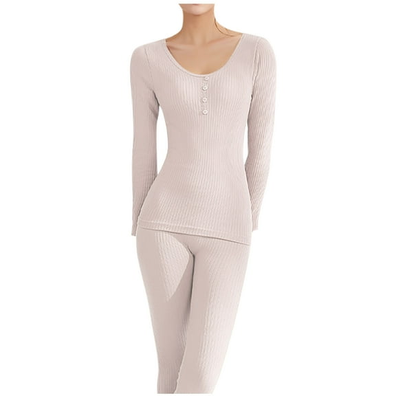 GigrtiJin Women's Threaded Underwear Set Long Sleeved Round Neck Basic Warm Suit Casual Top Pants Pajama Sets