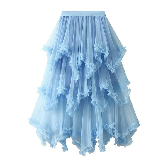 GigrtiJin Women's Tiered Tulle Skirt High Low Ruffle Elastic Waist Midi Skirt Irregular Multilayer Mesh Skirts