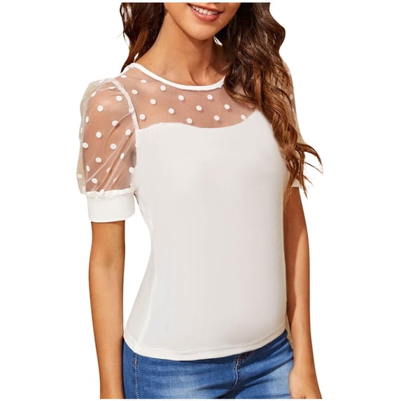GigrtiJin Women's Tops Lace Crew Neck Puffy sleeves Short Polka Dot Printed Solid Color Blouse Summer Flowy Slim T-shirt
