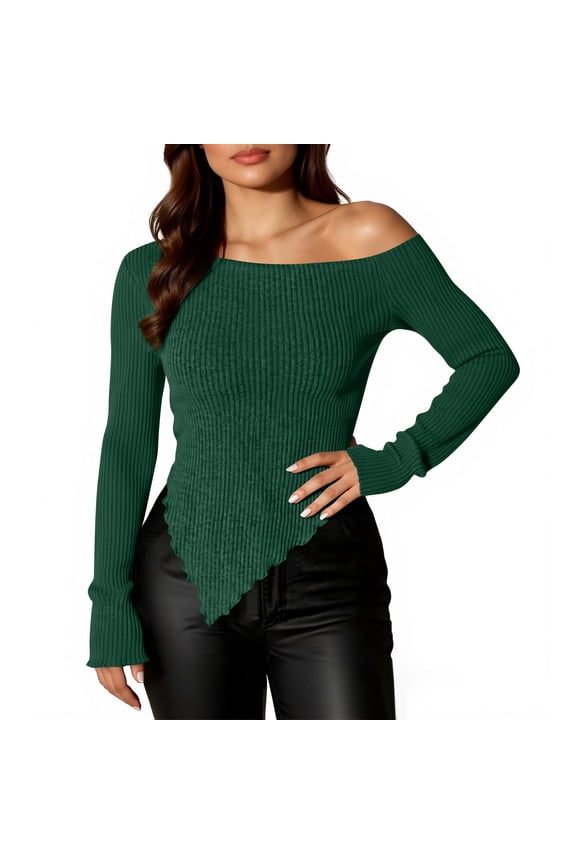 Women's Trendy Casual Blouse Solid Color Ribbed Off The Shoulder Long Sleeve Asymmetrical Wave Edge Tops