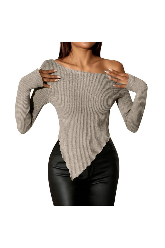 Women's Trendy Casual Blouse Solid Color Ribbed Off The Shoulder Long Sleeve Asymmetrical Wave Edge Tops