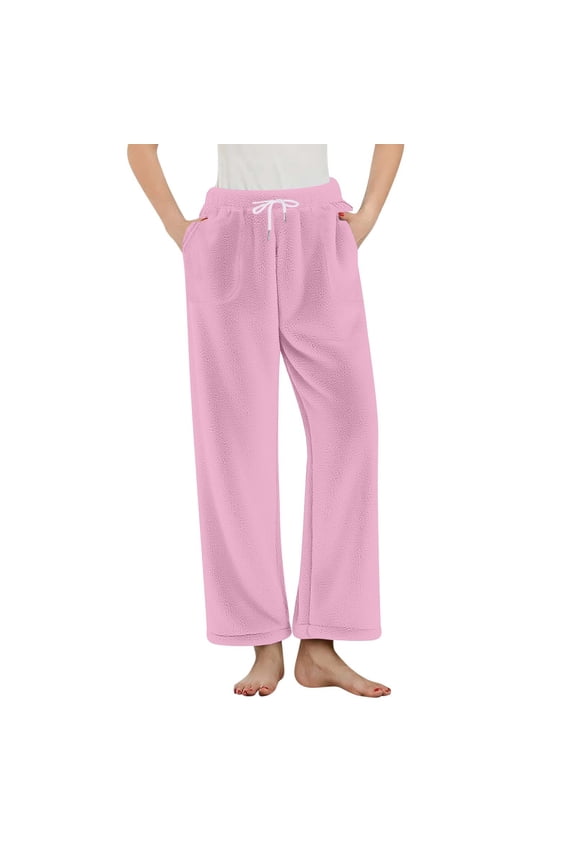 Womens Flannel Comfy Pajama Pants Solid Color Waistband Drawstring Wide Leg Pants with Pocket Winter Thermal Sleeping Pants