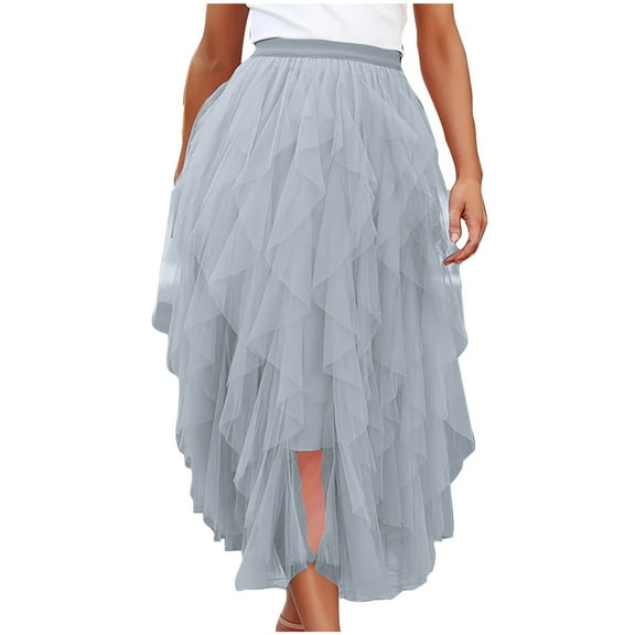 GigrtiJin Women's Tulle Skirt A-Line High Low Asymmetrical Skirts Elastic Waist Mesh Flowy Party Long Skirts