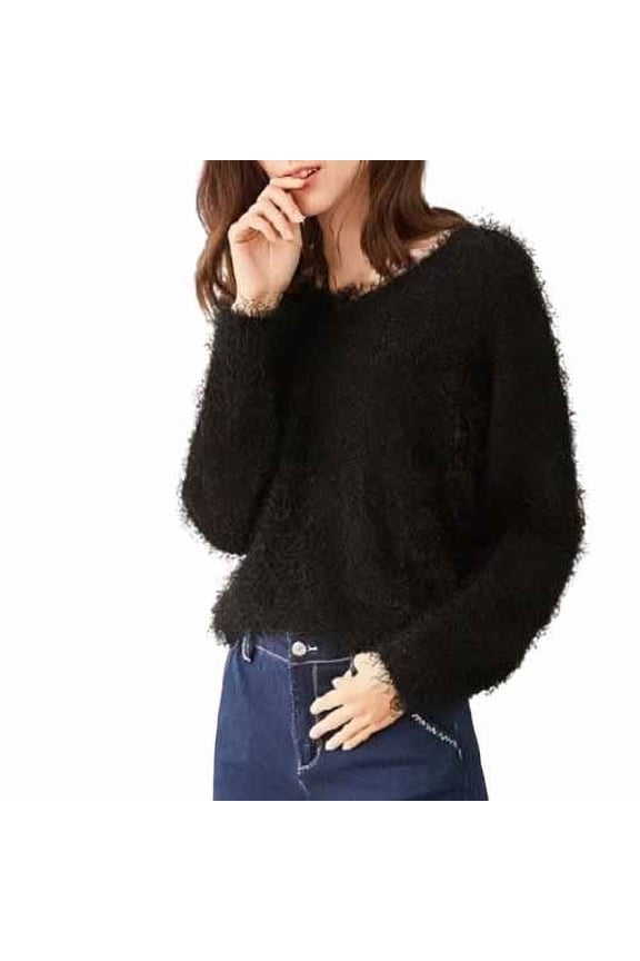 Women's V Neck Furry Sweater Tops Long Sleeves Solid Color Loose Knitted Sweater Casual Cozy Pullover Blouses